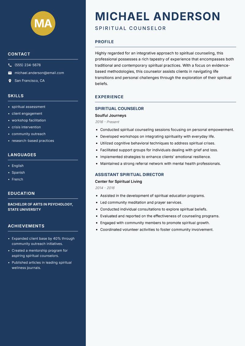 Spiritual Counselor Resume Preview Example