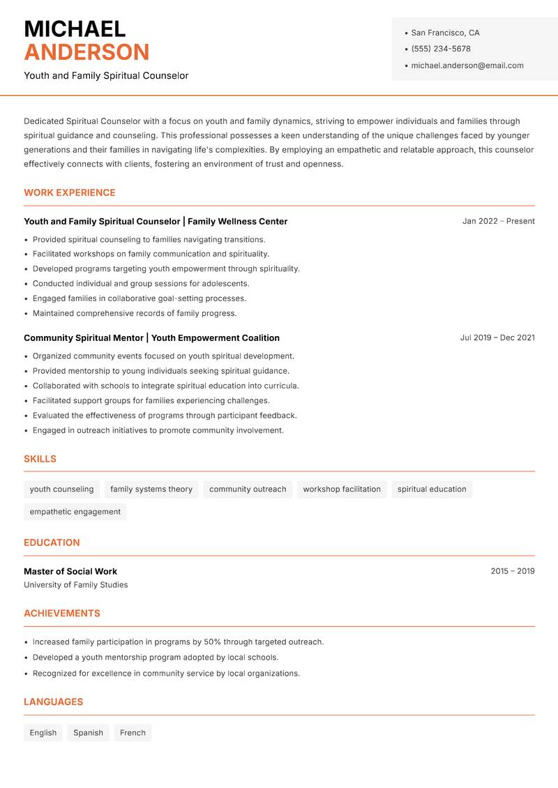 Spiritual Counselor Resume Template
