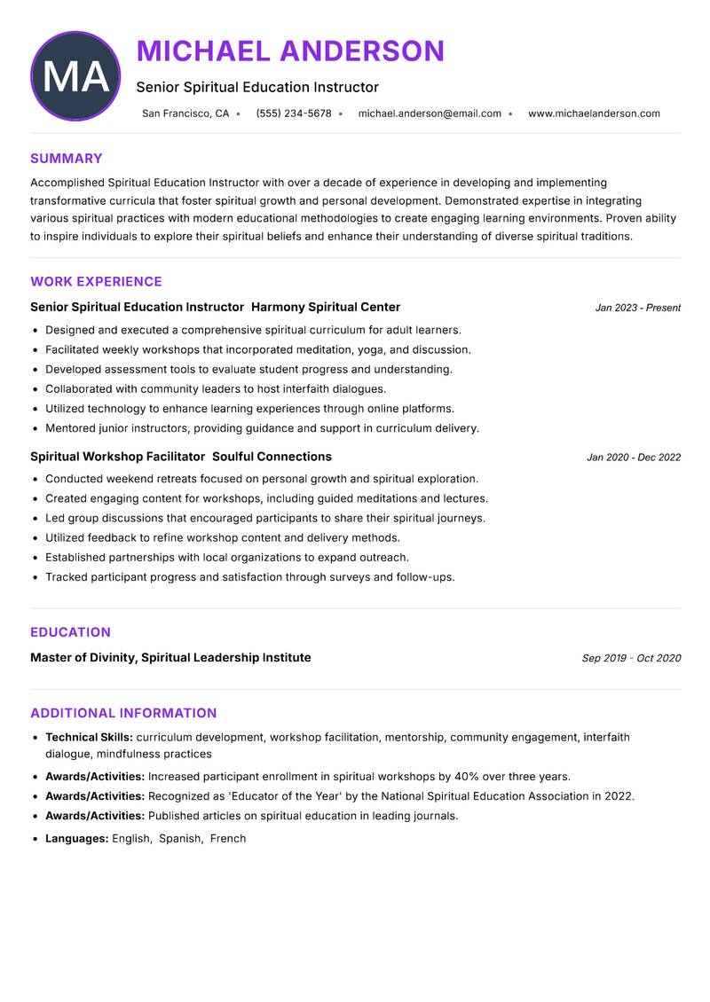 Spiritual Education Instructor Resume Preview Example