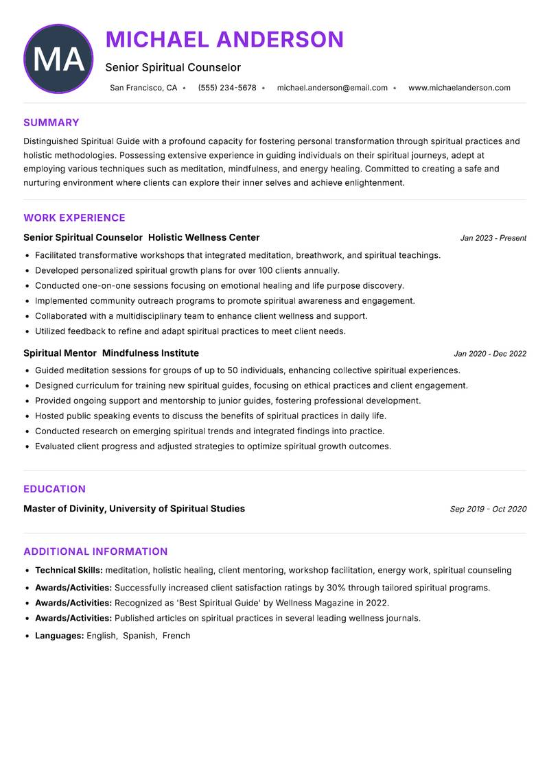 Spiritual Guide Resume Preview Example