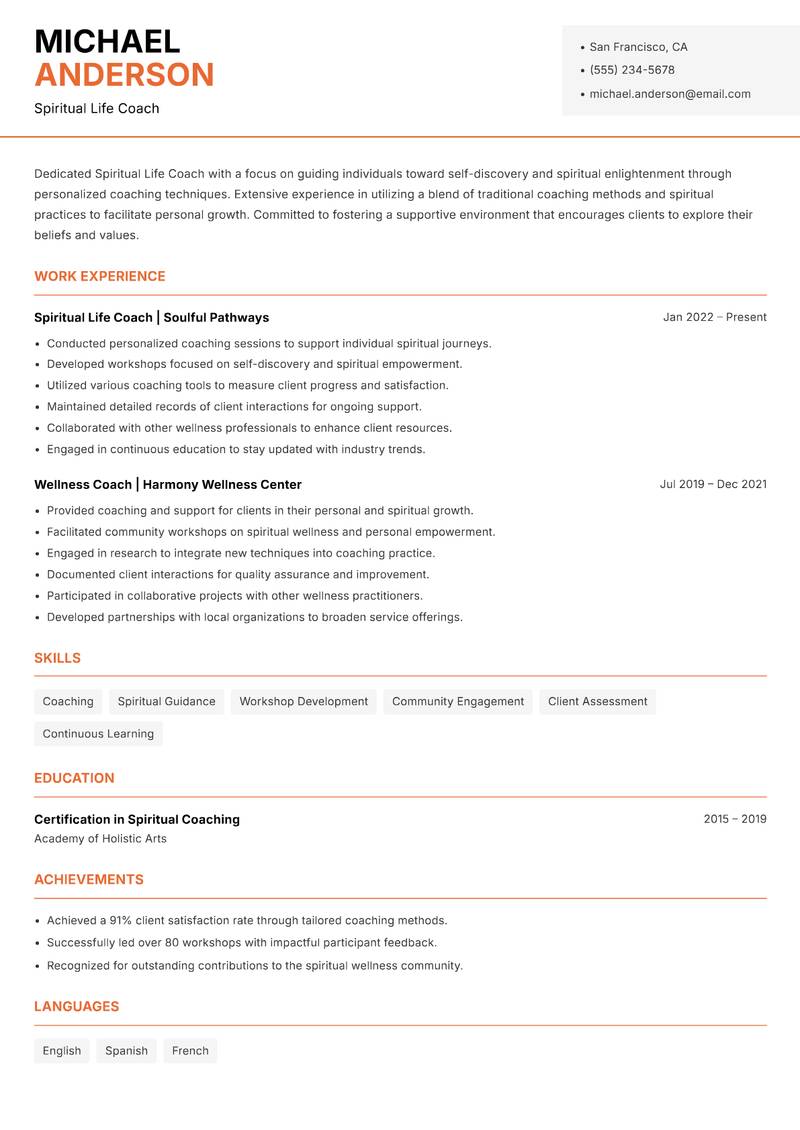 Spiritual Life Coach Resume Template