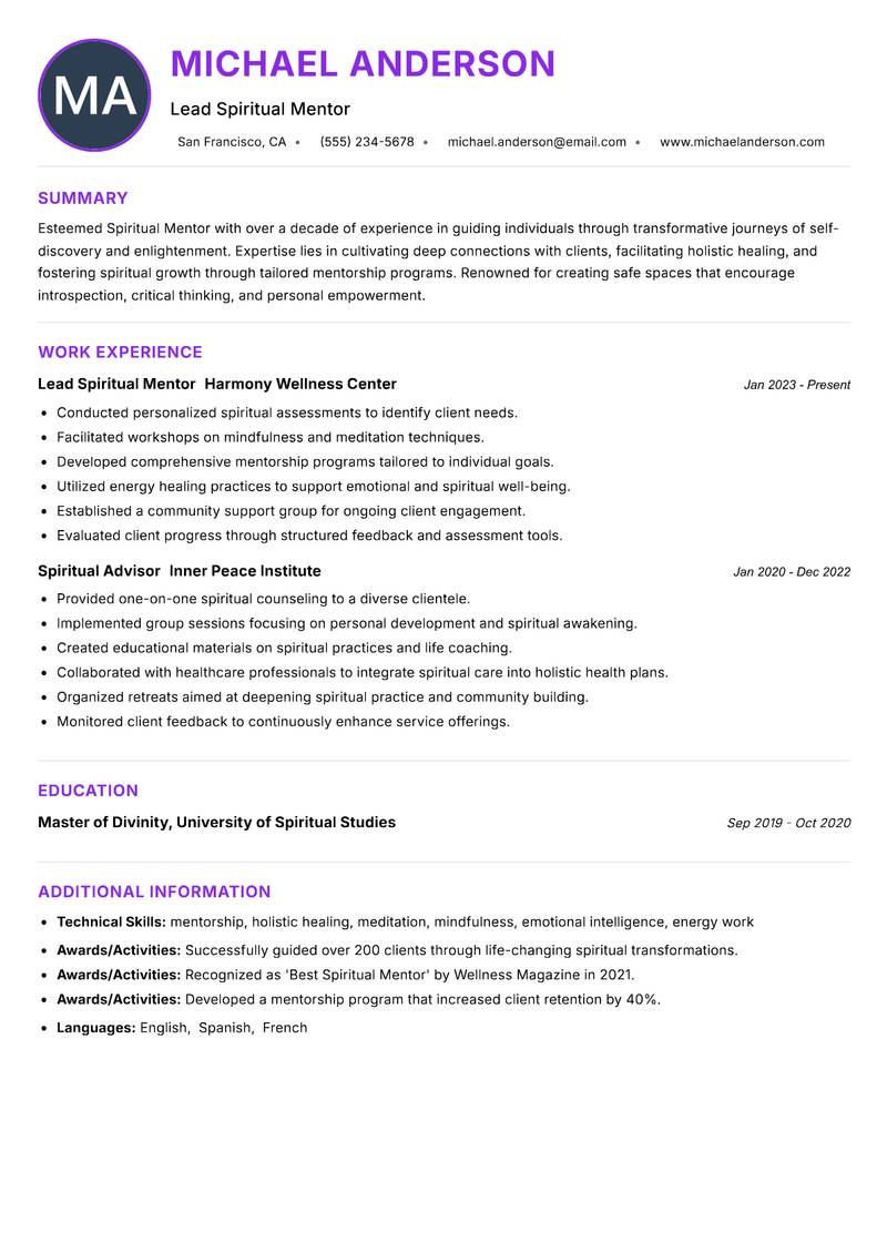 Spiritual Mentor Resume Preview Example