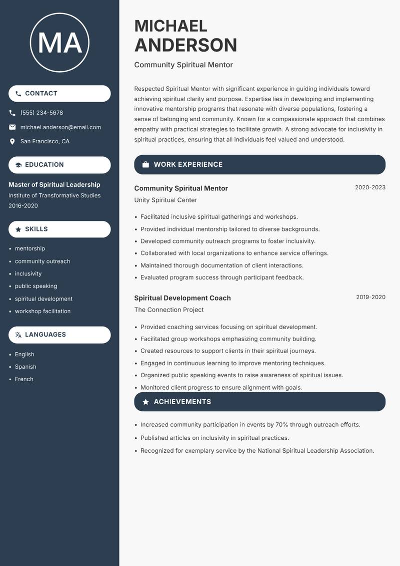 Spiritual Mentor Resume Preview Example
