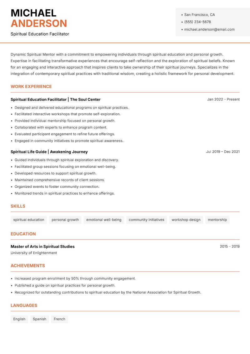 Spiritual Mentor Resume Template