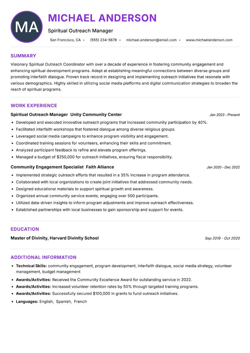 Spiritual Outreach Coordinator Resume Preview Example