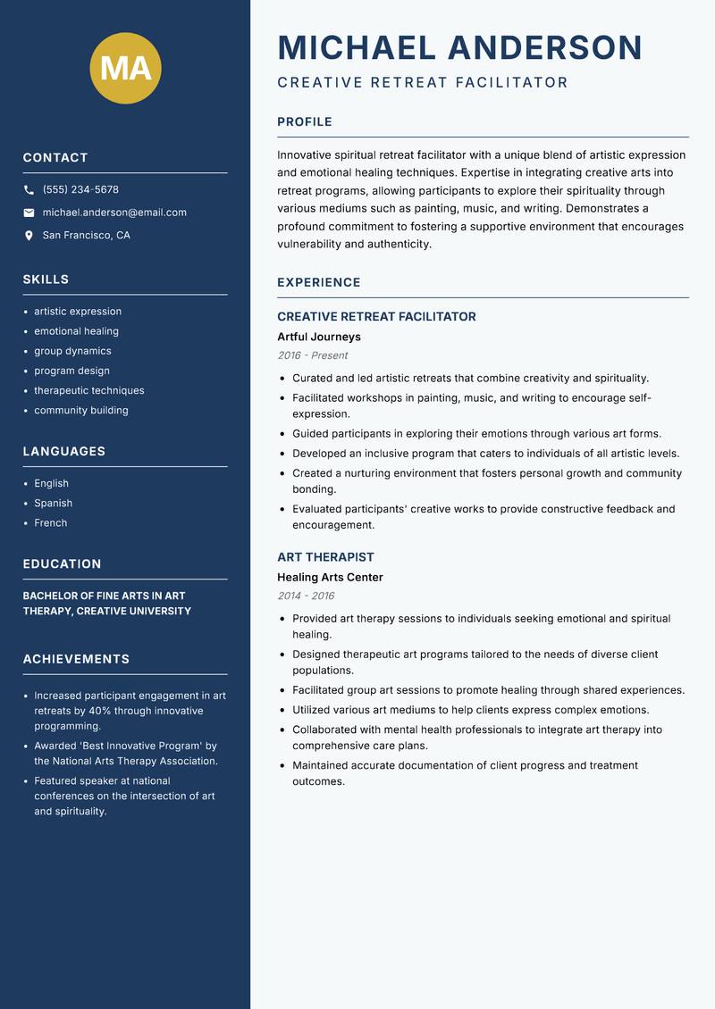 Spiritual Retreat Facilitator Resume Preview Example