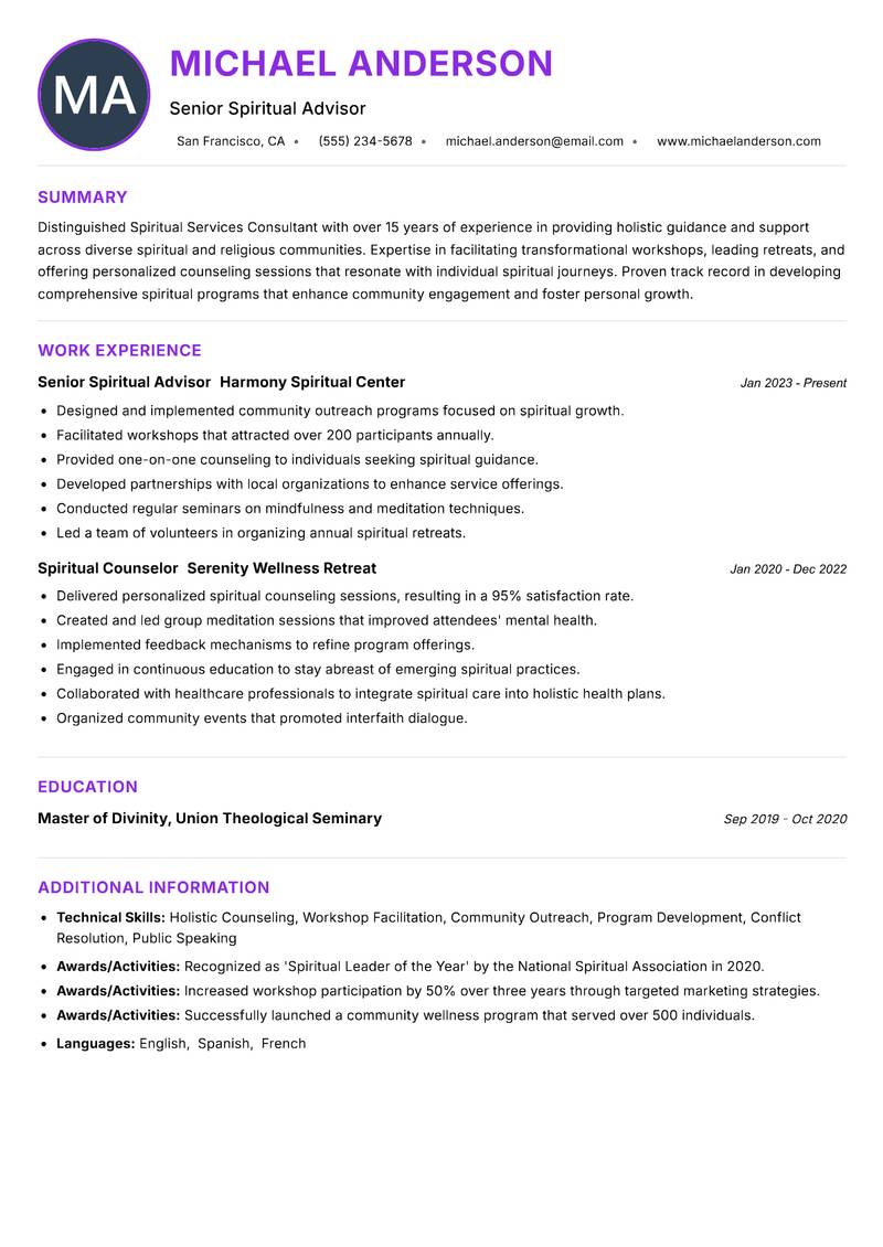 Spiritual Services Consultant Resume Preview Example