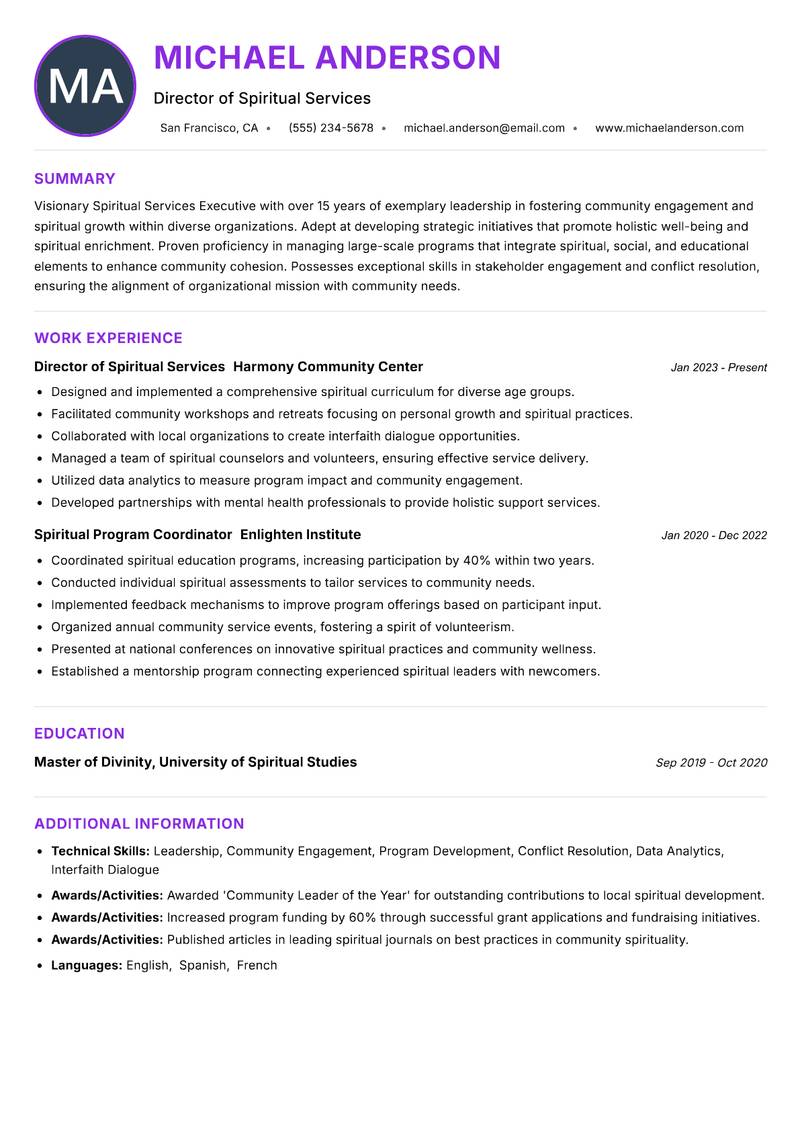 Spiritual Services Executive Resume Preview Example