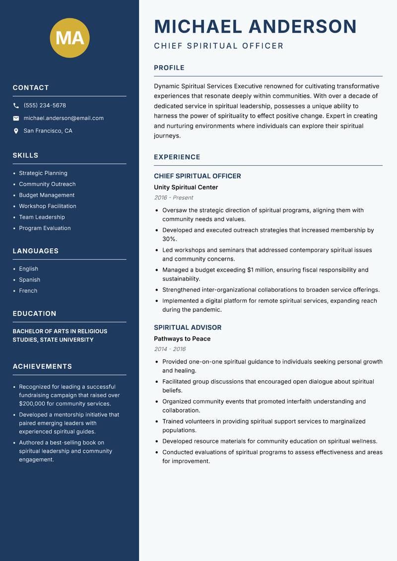 Spiritual Services Executive Resume Preview Example