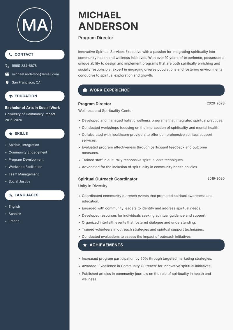 Spiritual Services Executive Resume Preview Example