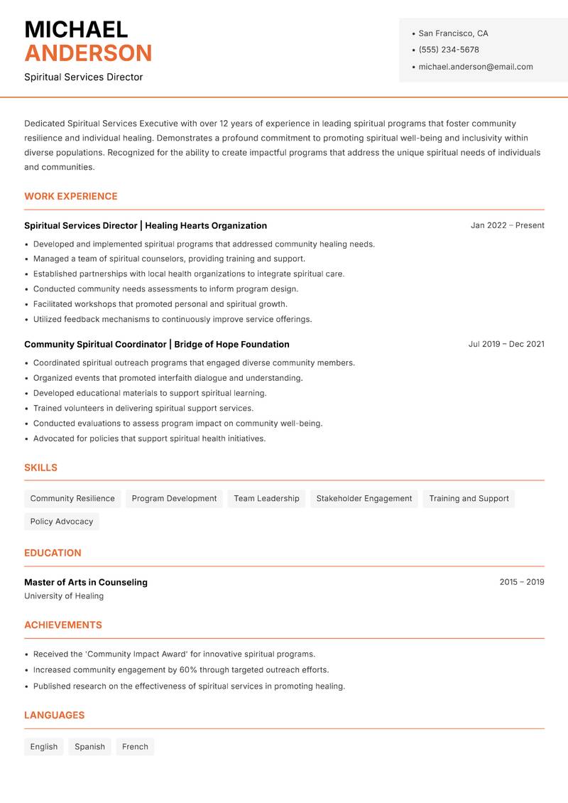 Spiritual Services Executive Resume Template