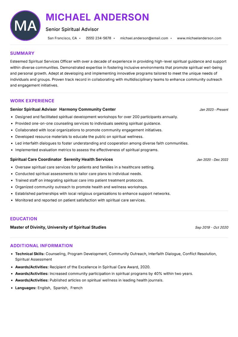 Spiritual Services Officer Resume Preview Example