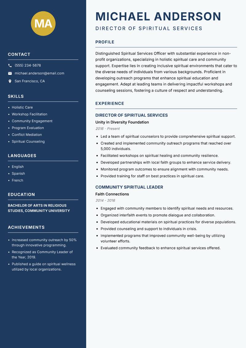 Spiritual Services Officer Resume Preview Example