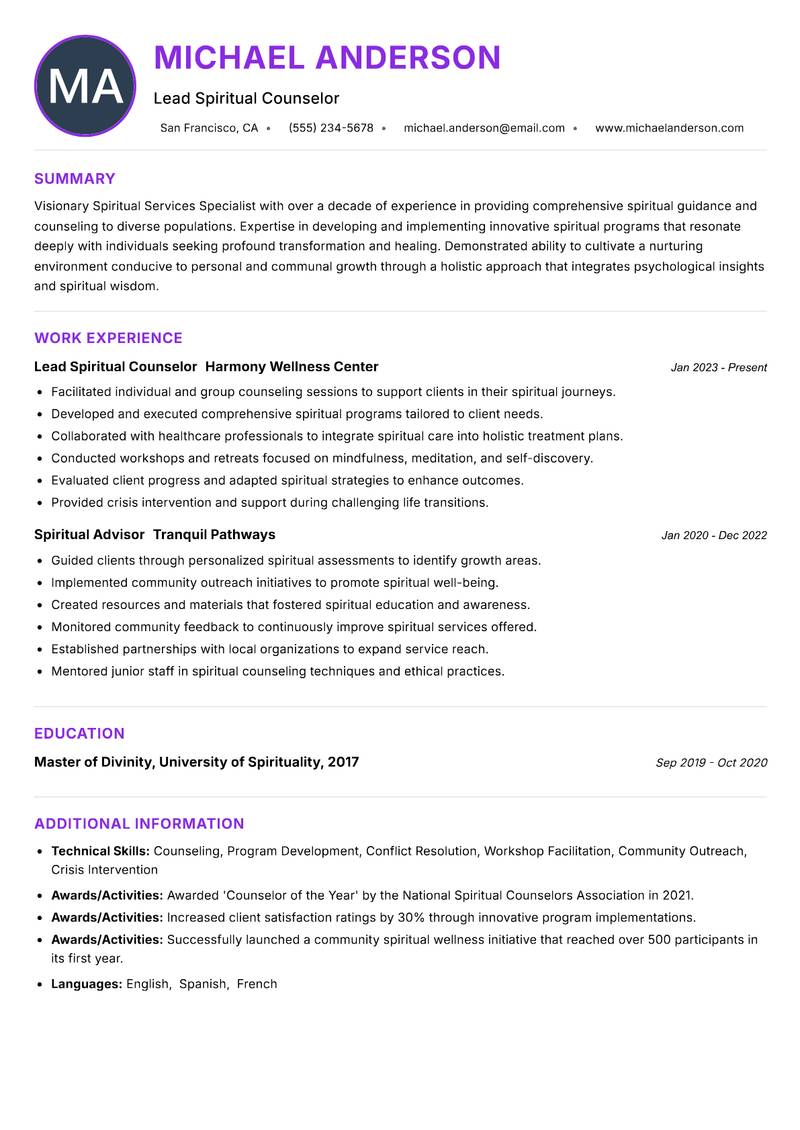 Spiritual Services Specialist Resume Preview Example