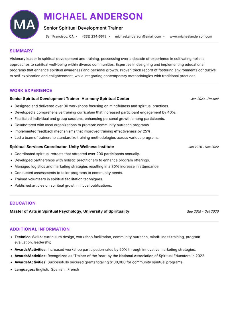 Spiritual Services Trainer Resume Preview Example