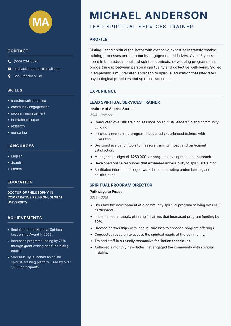 Spiritual Services Trainer Resume Preview Example