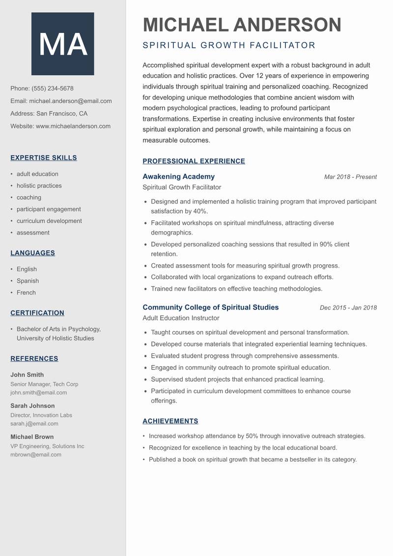 Spiritual Services Trainer Resume Preview Example