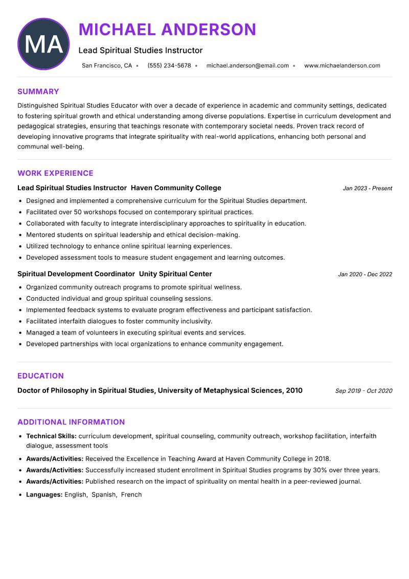 Spiritual Studies Educator Resume Preview Example