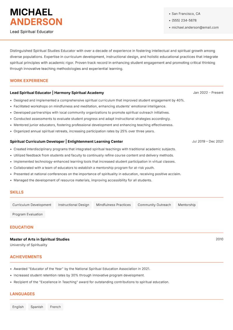 Spiritual Studies Educator Resume Template
