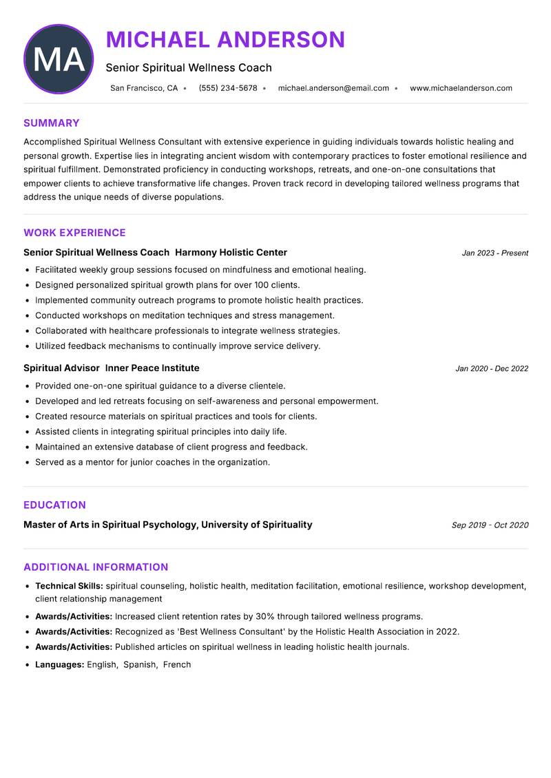 Spiritual Wellness Consultant Resume Preview Example