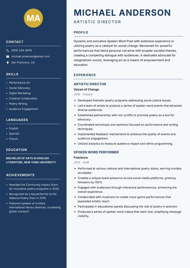 Spoken Word Poet Resume Preview Example