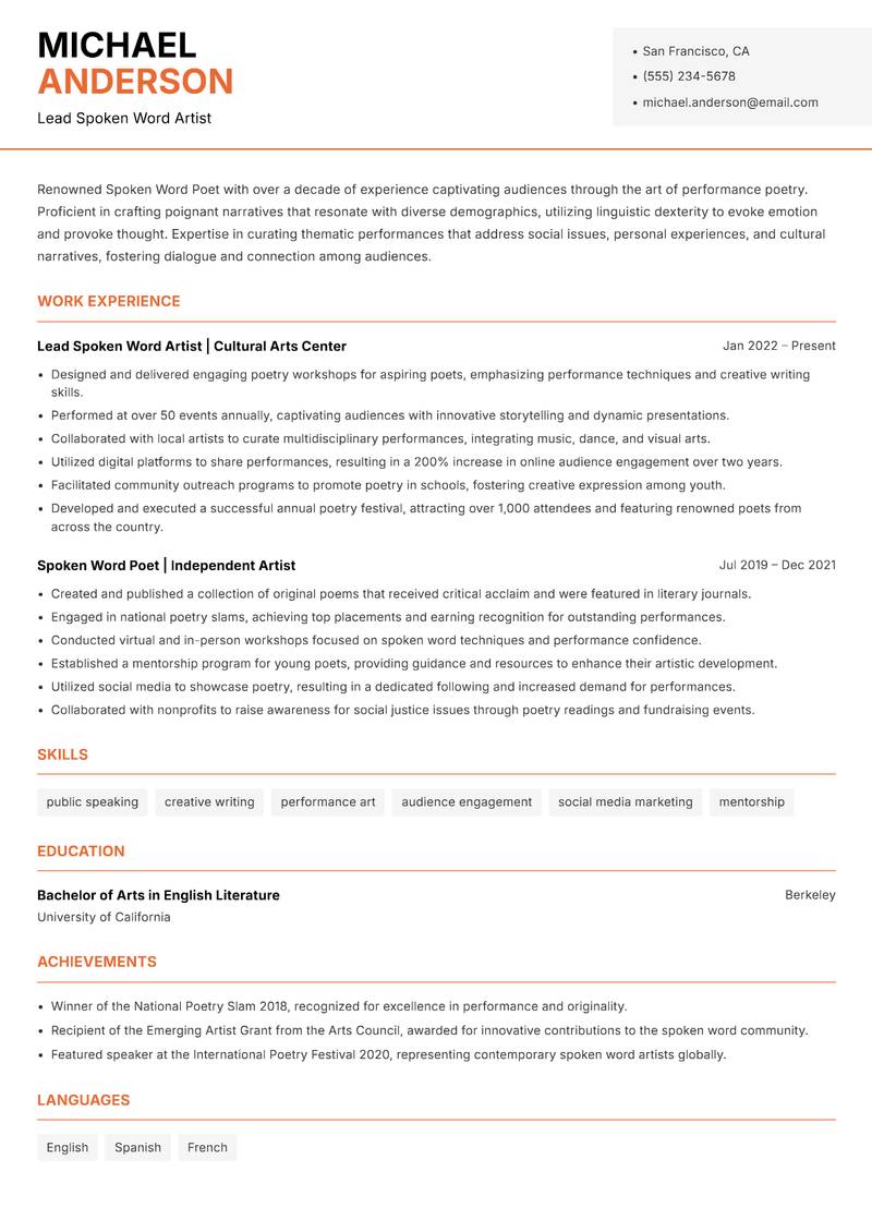 Spoken Word Poet Resume Template