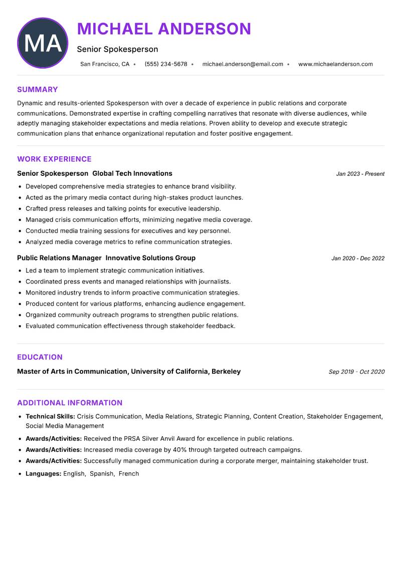 Spokesperson Resume Preview Example