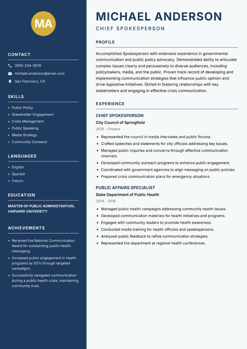 Spokesperson Resume Preview Example