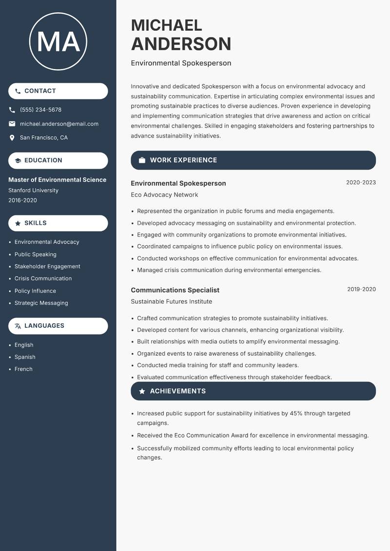 Spokesperson Resume Preview Example