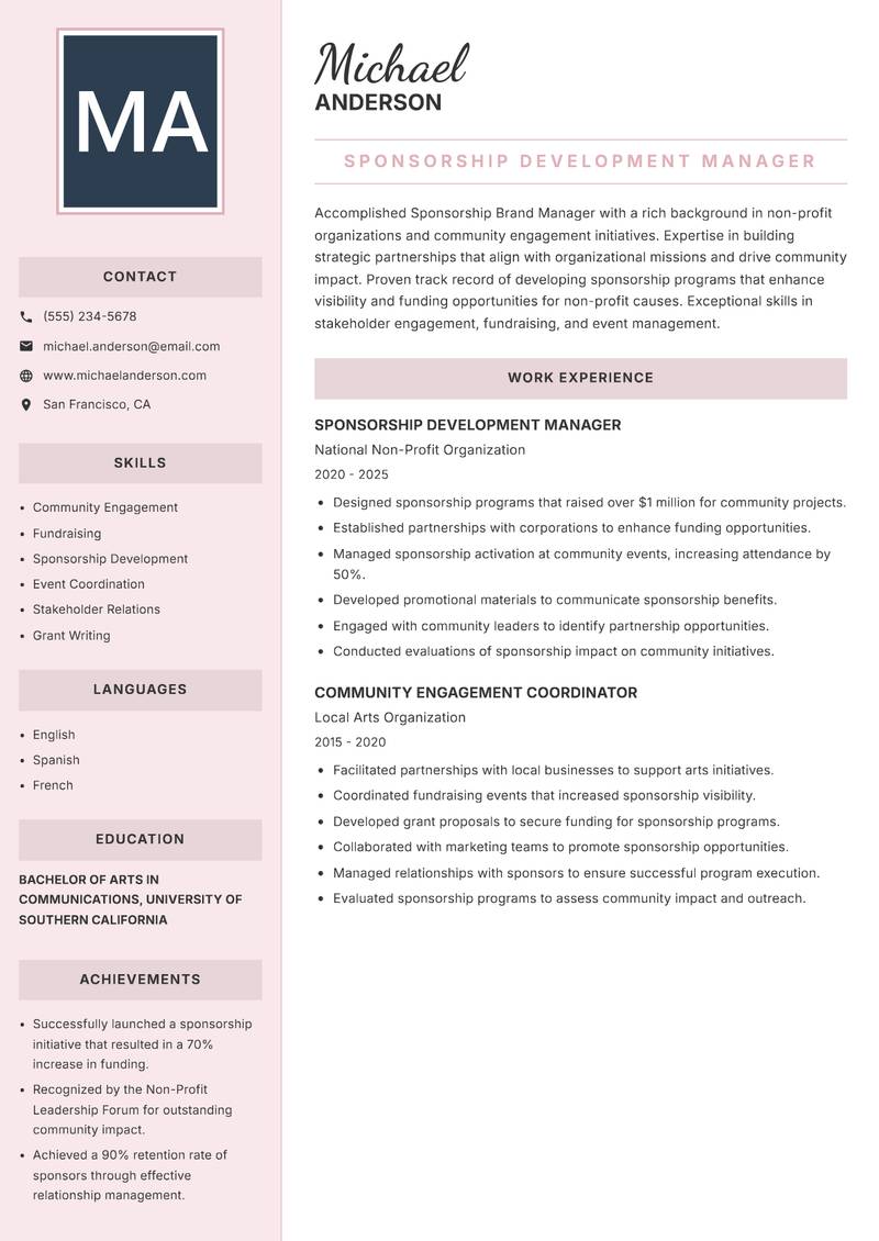 Sponsorship Brand Manager Resume Preview Example