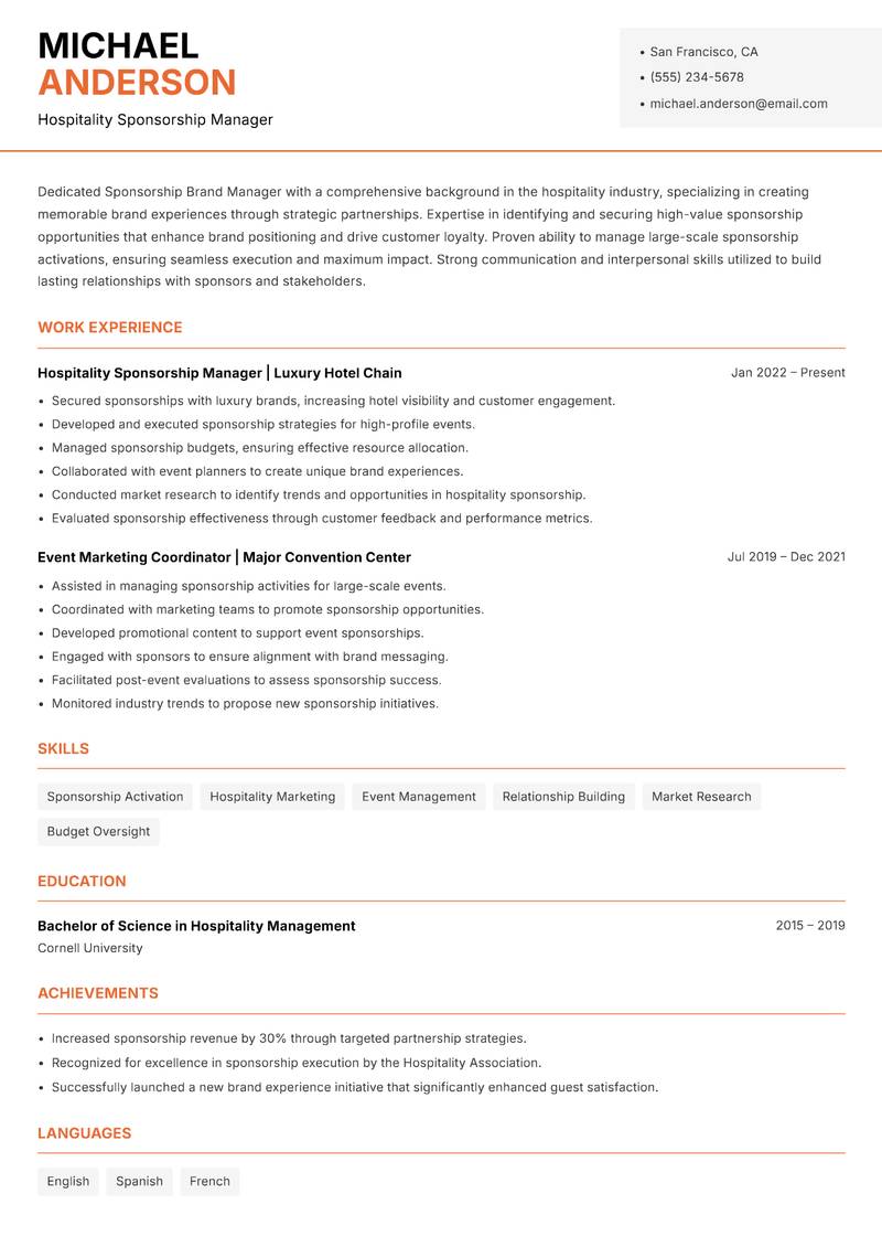 Sponsorship Brand Manager Resume Template