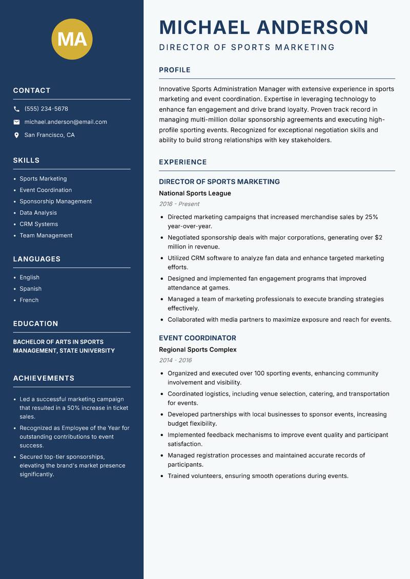 Sports Administration Manager Resume Preview Example