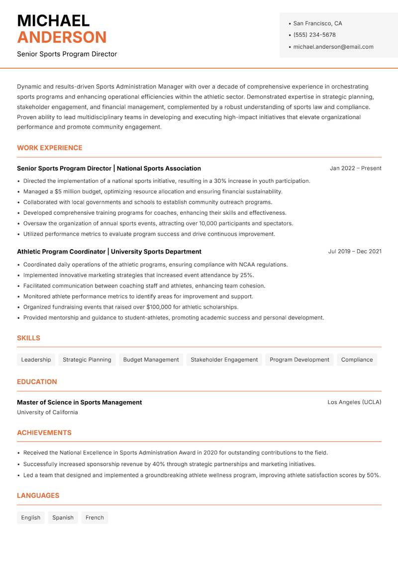 Sports Administration Manager Resume Template