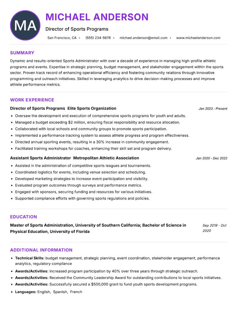 Sports Administrator Resume Preview Example