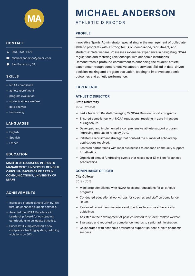 Sports Administrator Resume Preview Example