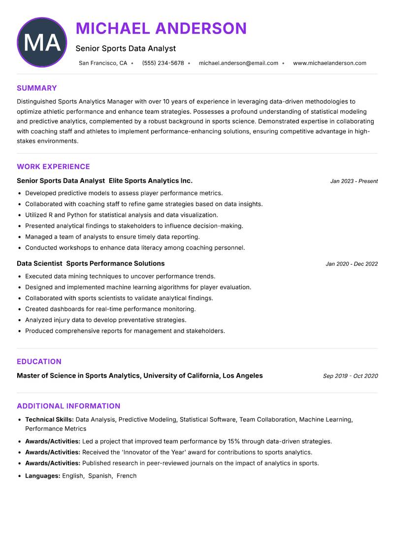 Sports Analytics Manager Resume Preview Example