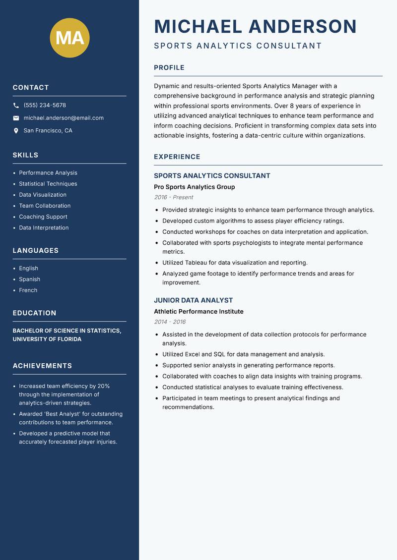 Sports Analytics Manager Resume Preview Example