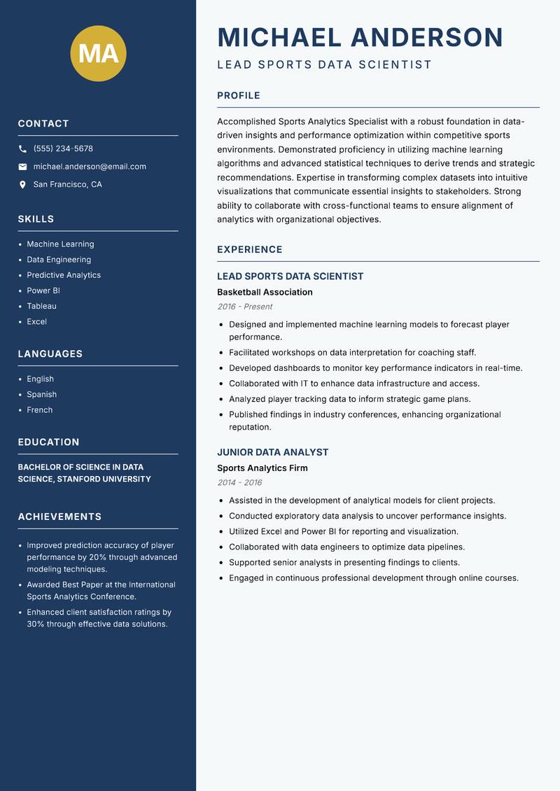 Sports Analytics Specialist Resume Preview Example