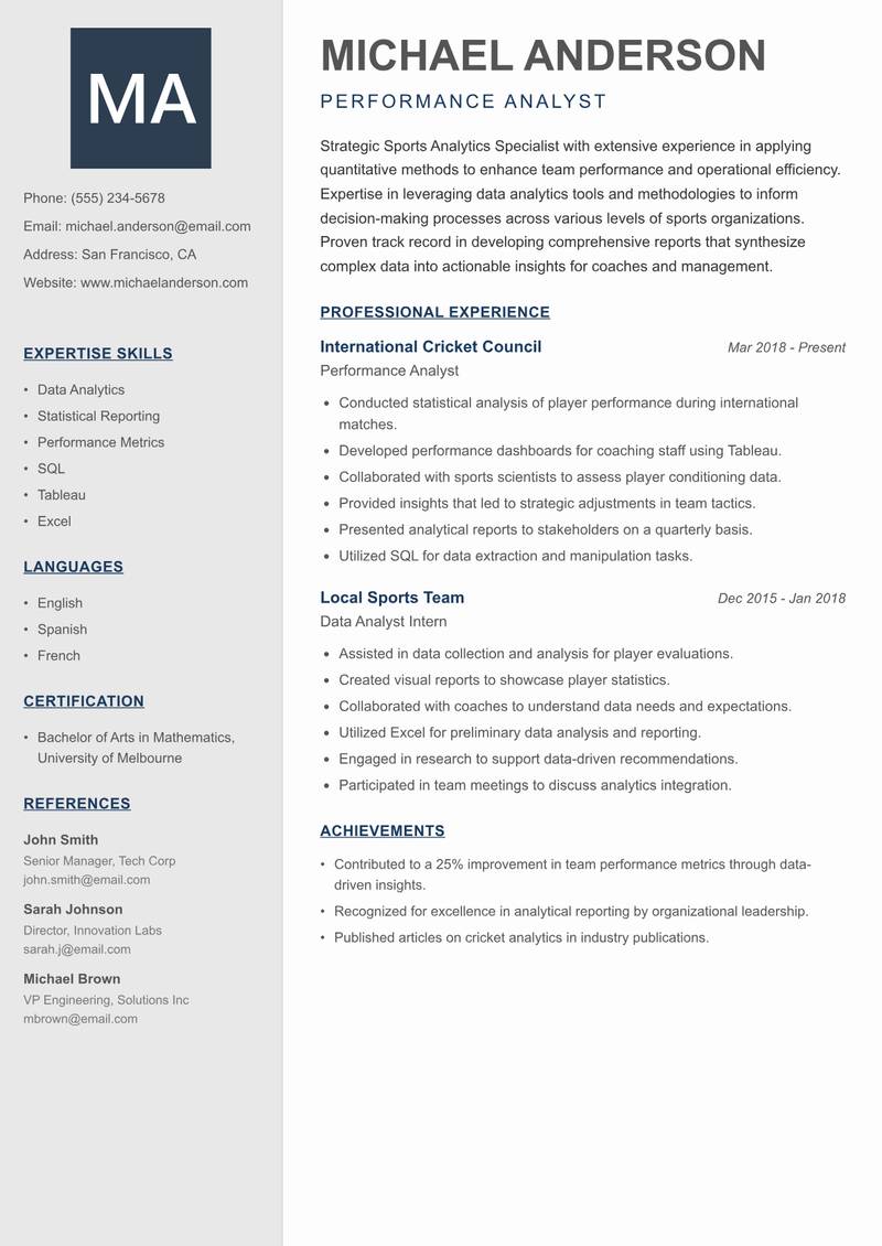 Sports Analytics Specialist Resume Preview Example