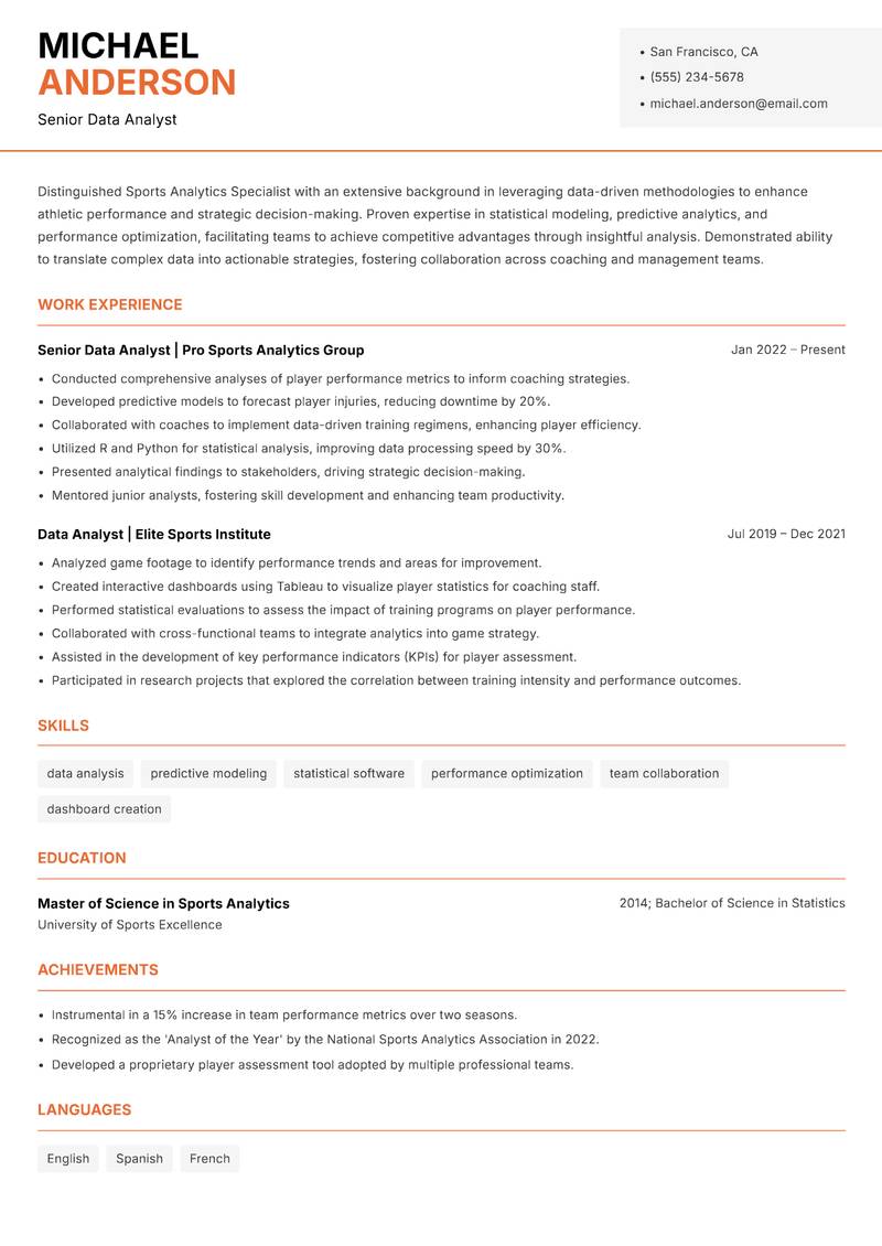 Sports Analytics Specialist Resume Template
