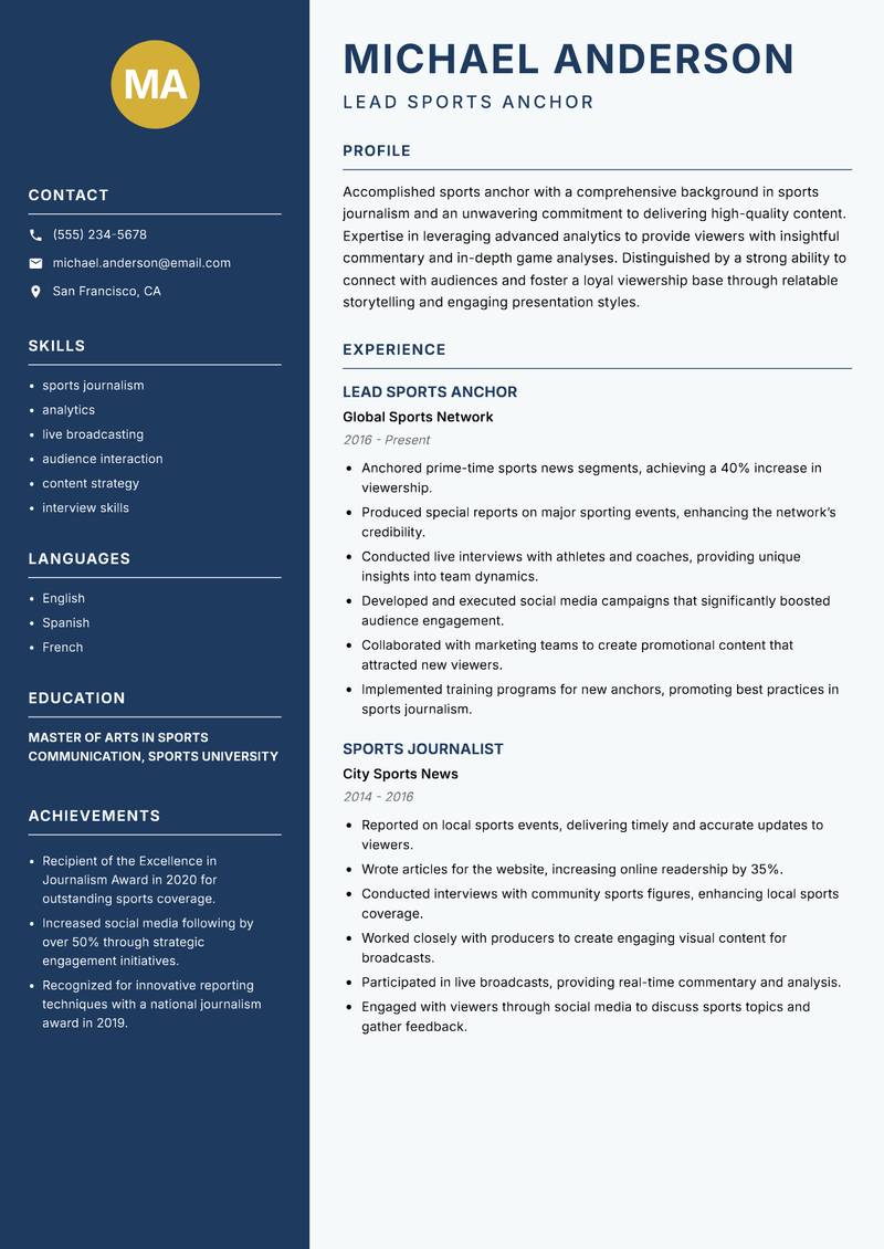 Sports Anchor Resume Preview Example