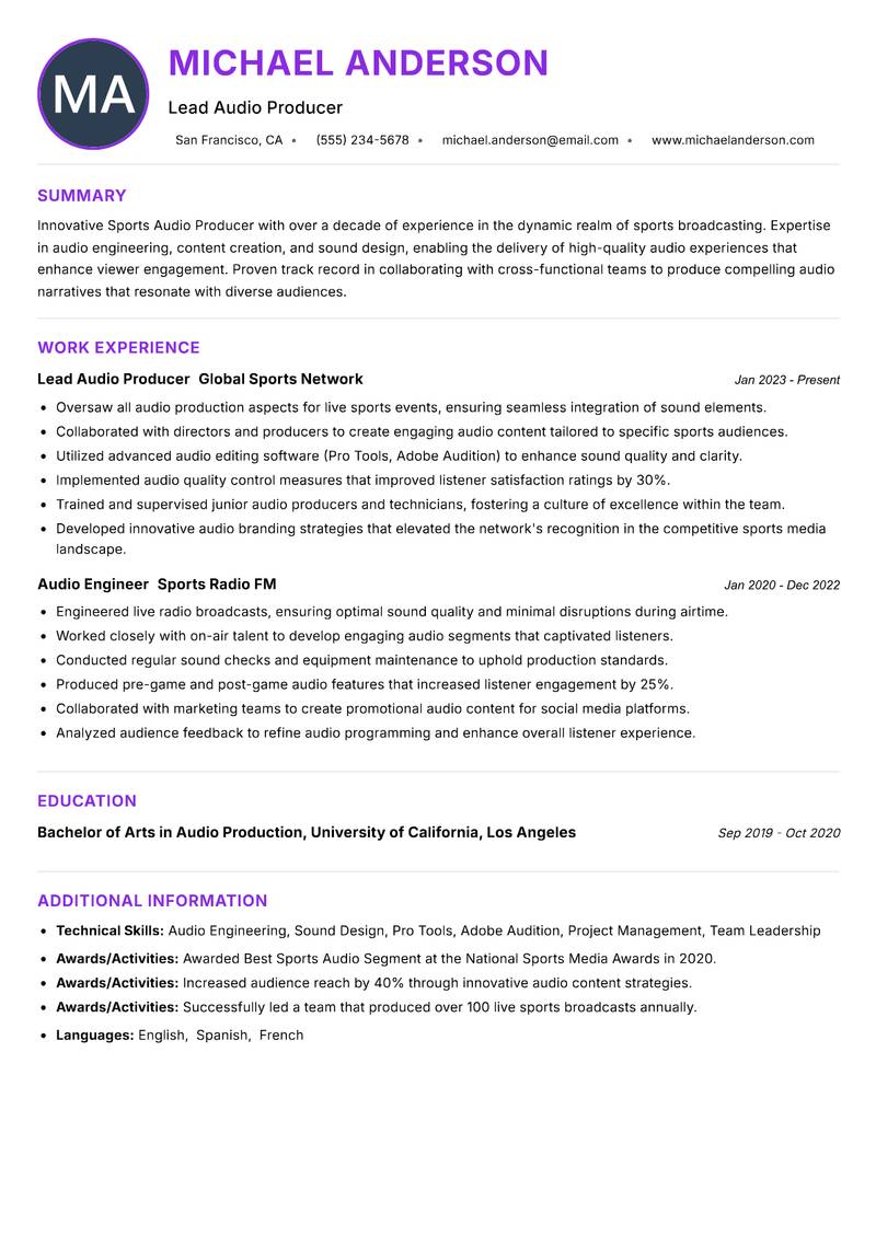 Sports Audio Producer Resume Preview Example