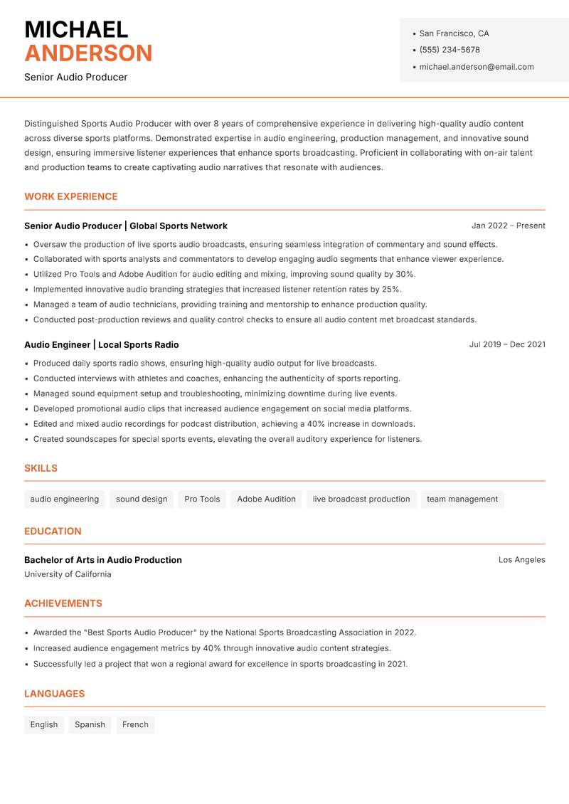 Sports Audio Producer Resume Template