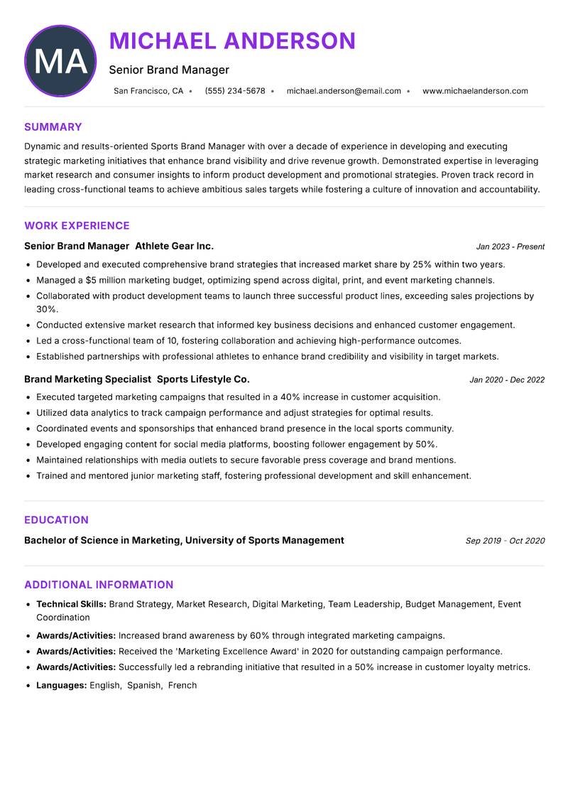 Sports Brand Manager Resume Preview Example