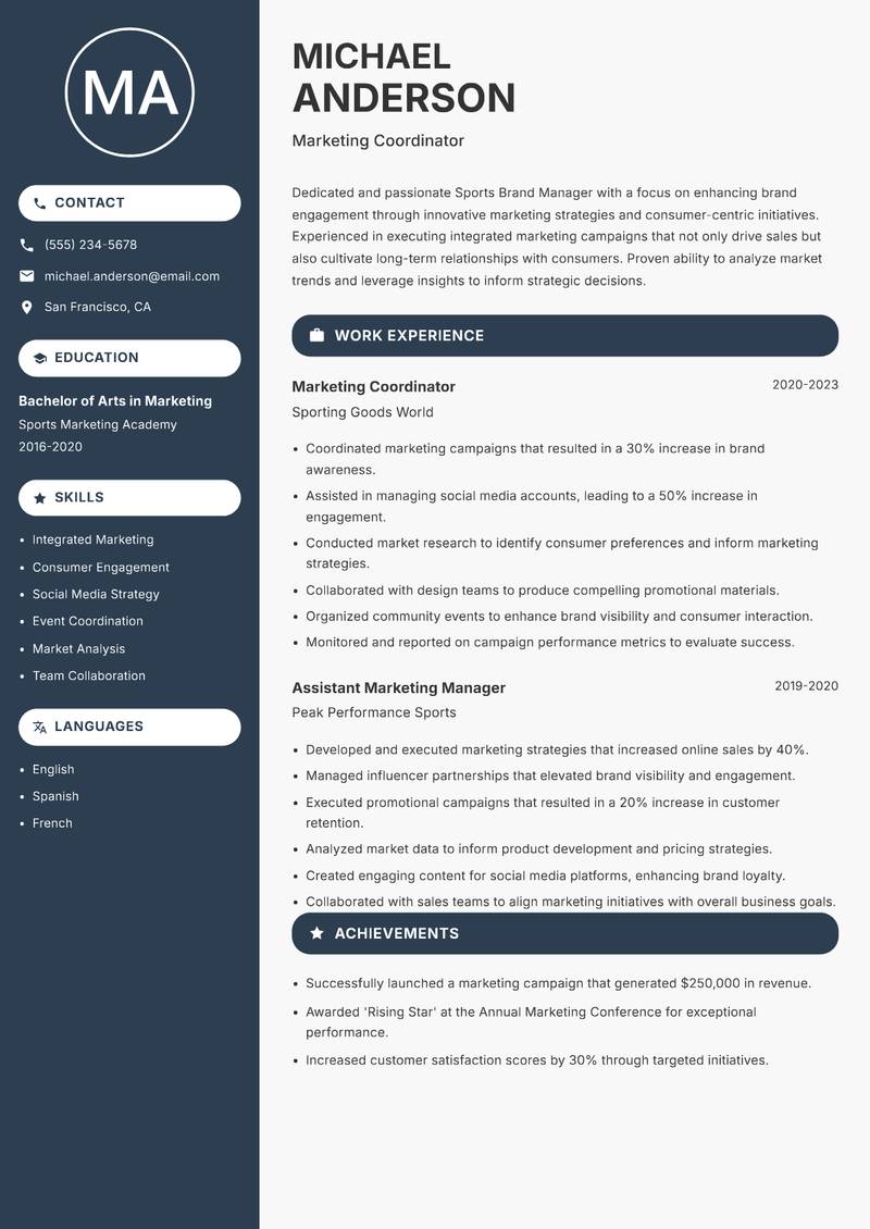 Sports Brand Manager Resume Preview Example