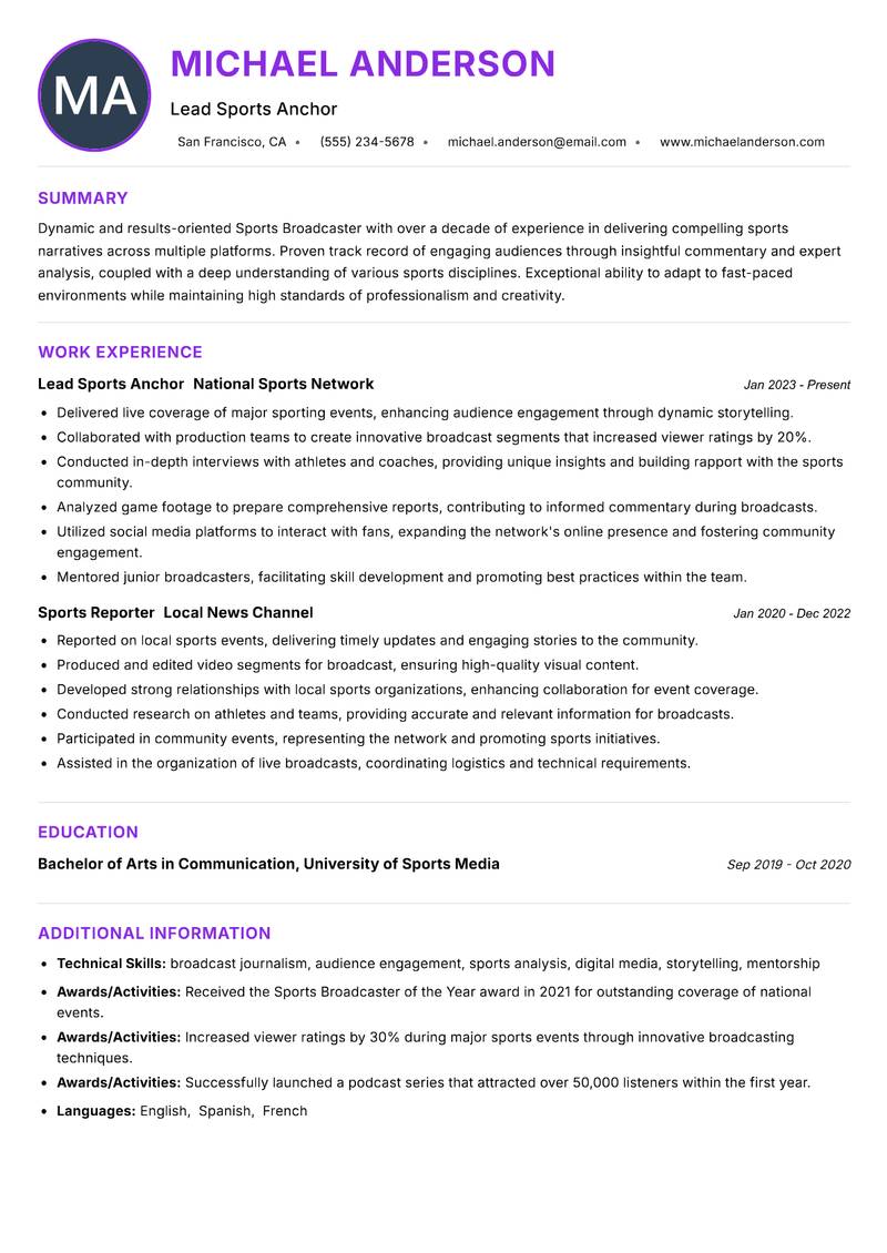 Sports Broadcaster Resume Preview Example