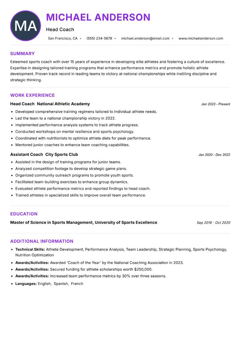 Sports Coach Resume Preview Example