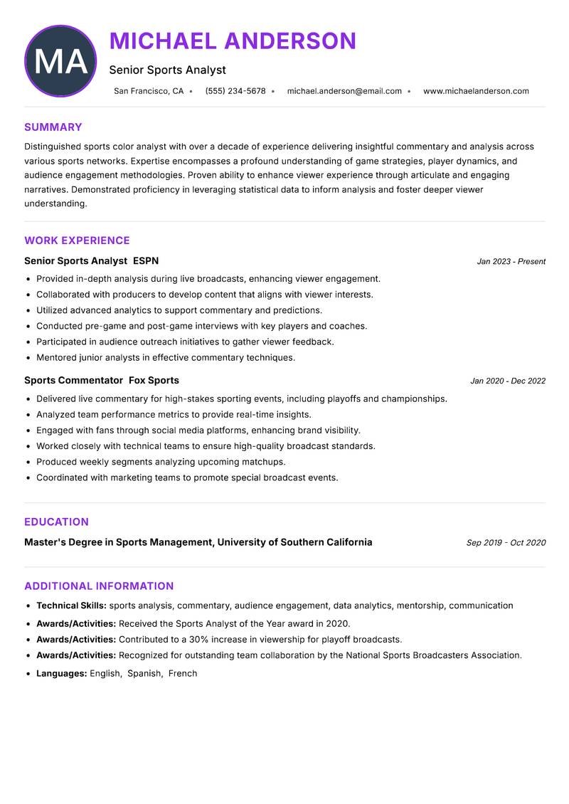 Sports Color Analyst Resume Preview Example