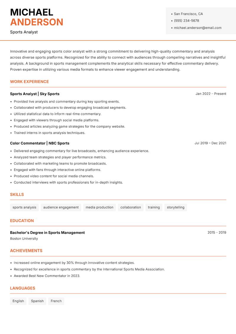 Sports Color Analyst Resume Template