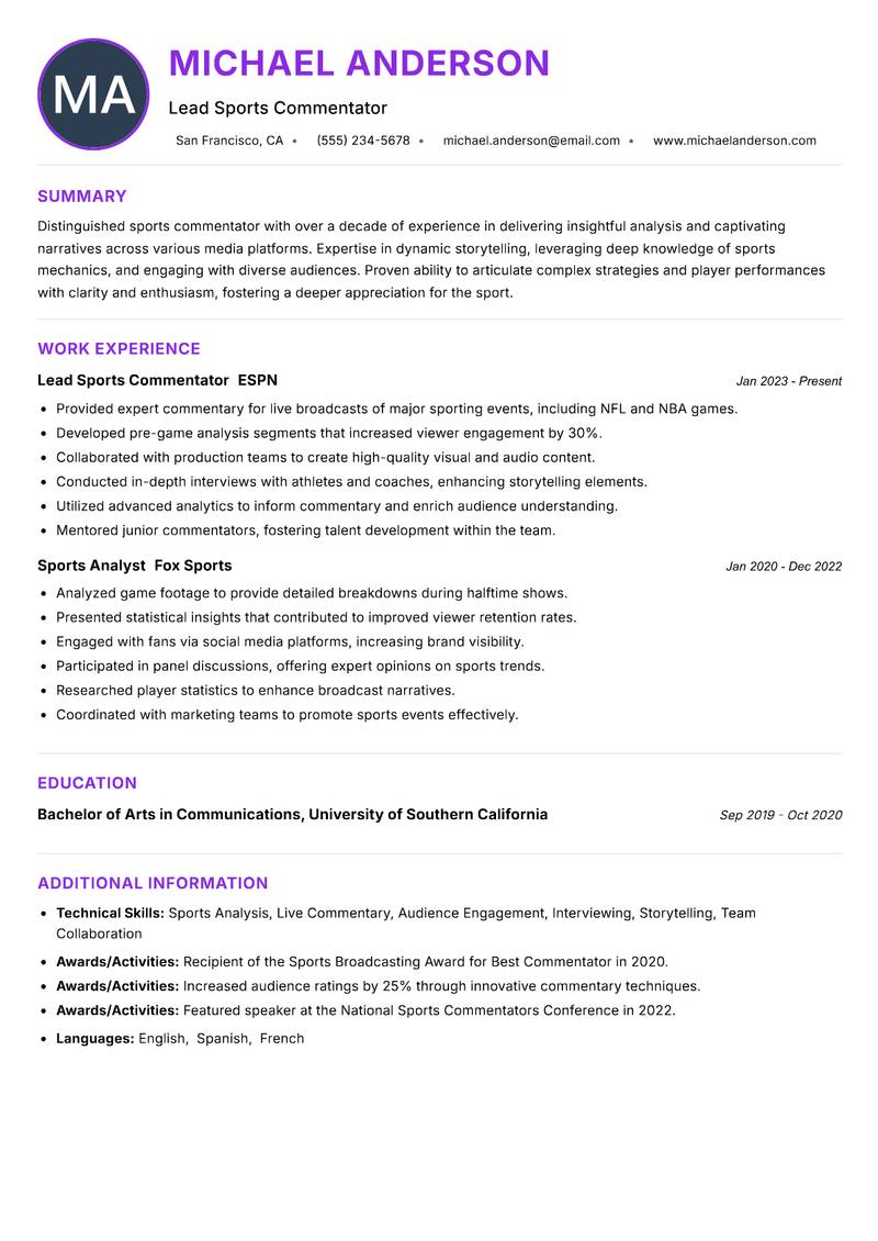 Sports Commentator Resume Preview Example